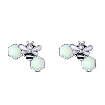 Lucky Honey Bee Print Stud Earring Created White Opal Solid 925 Sterling Silver (8.7mm)